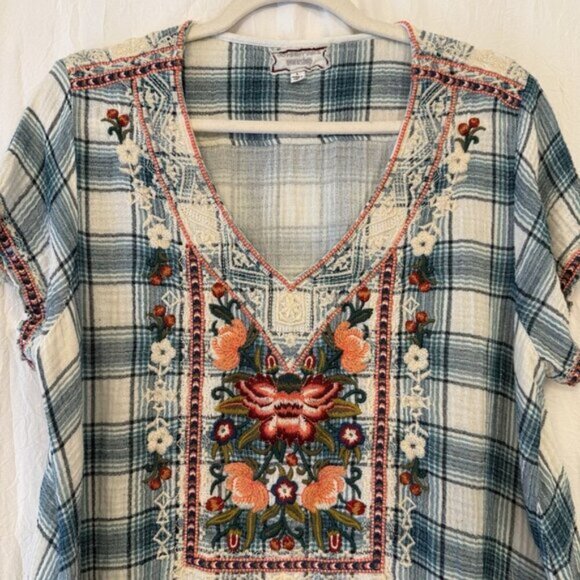 Johnny Was Workshop Juliene Estelle Floral Embroidered Plaid 90s Y2K Top Large - Picture 2 of 13